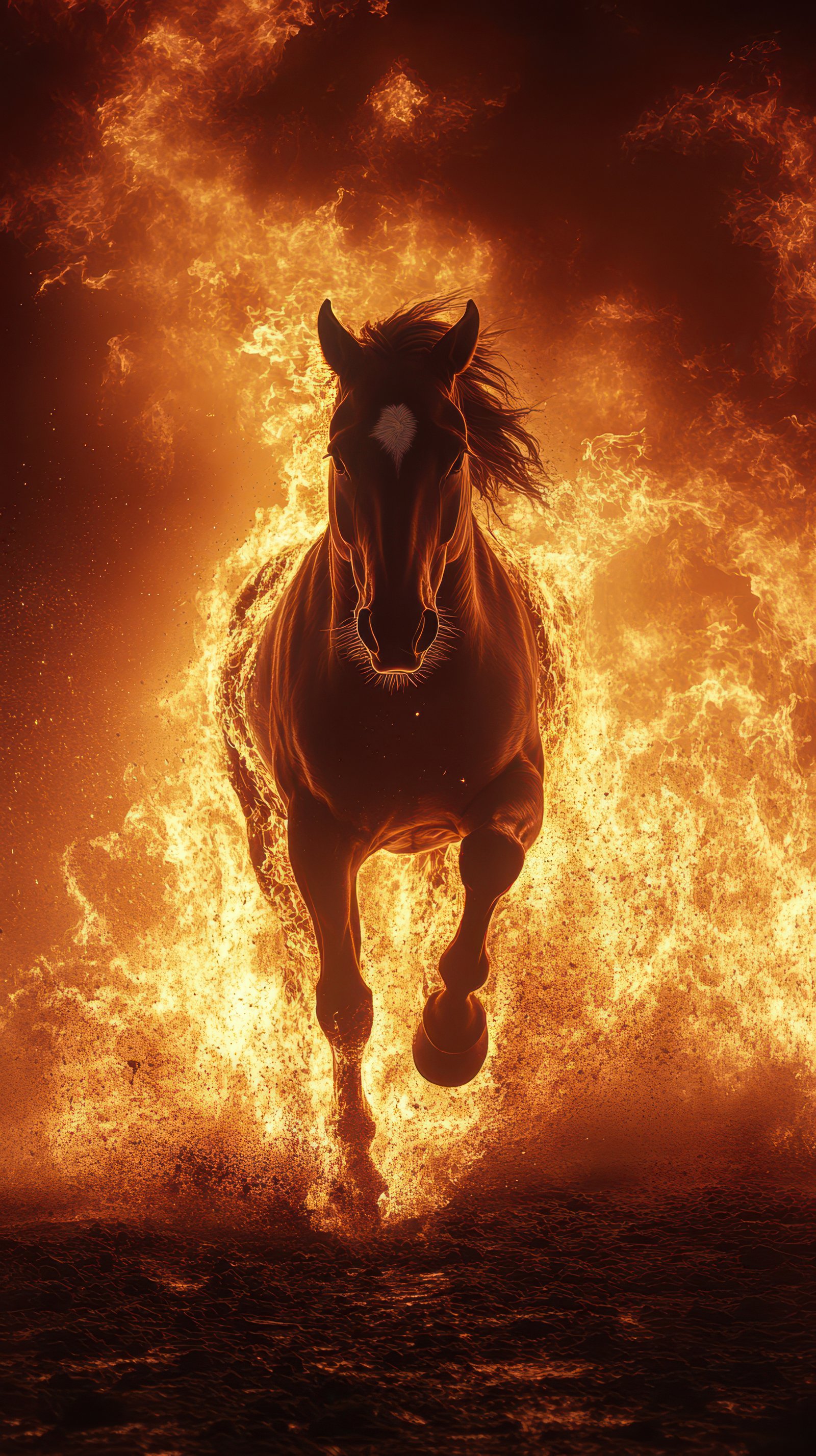 Majestic horse gallops through flames at sunset in an intense display of power and beauty